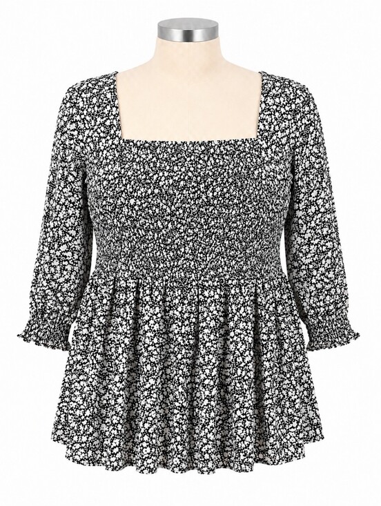 torrid Tops - Torrid Black & White Ditsy Floral Smocked Babydoll Top Sz 4X (26) Romantic Boho